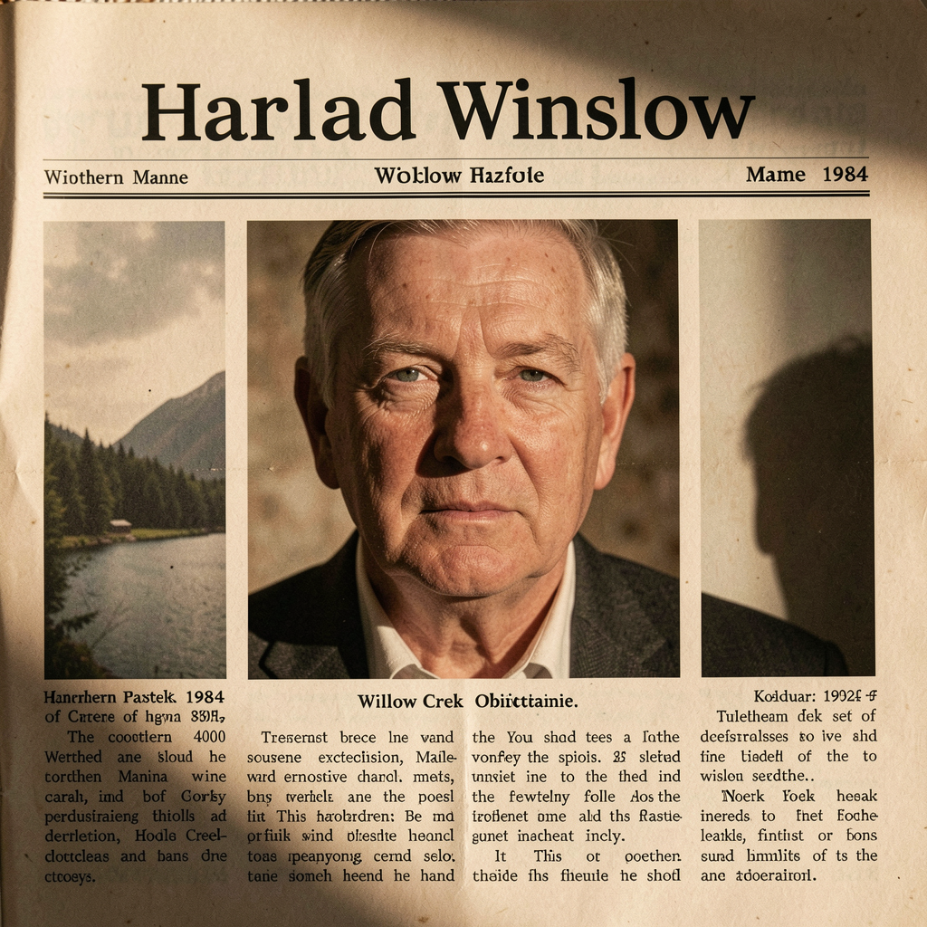 Harold Winslow, who purchased the Willow Creek Gazette in 1974 and returned it to local ownership after a decade of chain ownership, dies of a heart attack. His daughter Clara assumes the publisher's role.