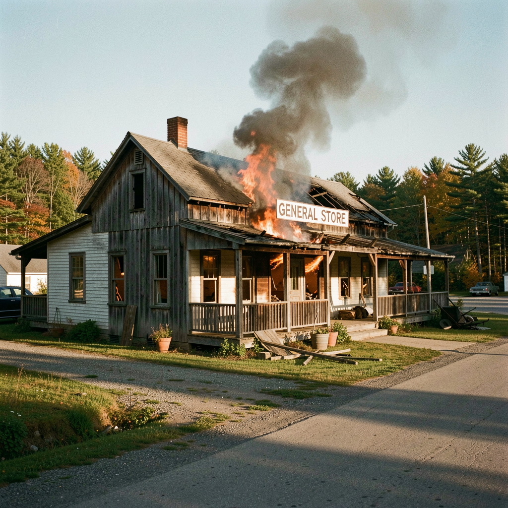 A second fire in the General Store's history — traced to faulty wiring — causes extensive damage to the back storage area. Maeve O'Donnell vows to rebuild, and the community raises $4,600 at a benefit supper.