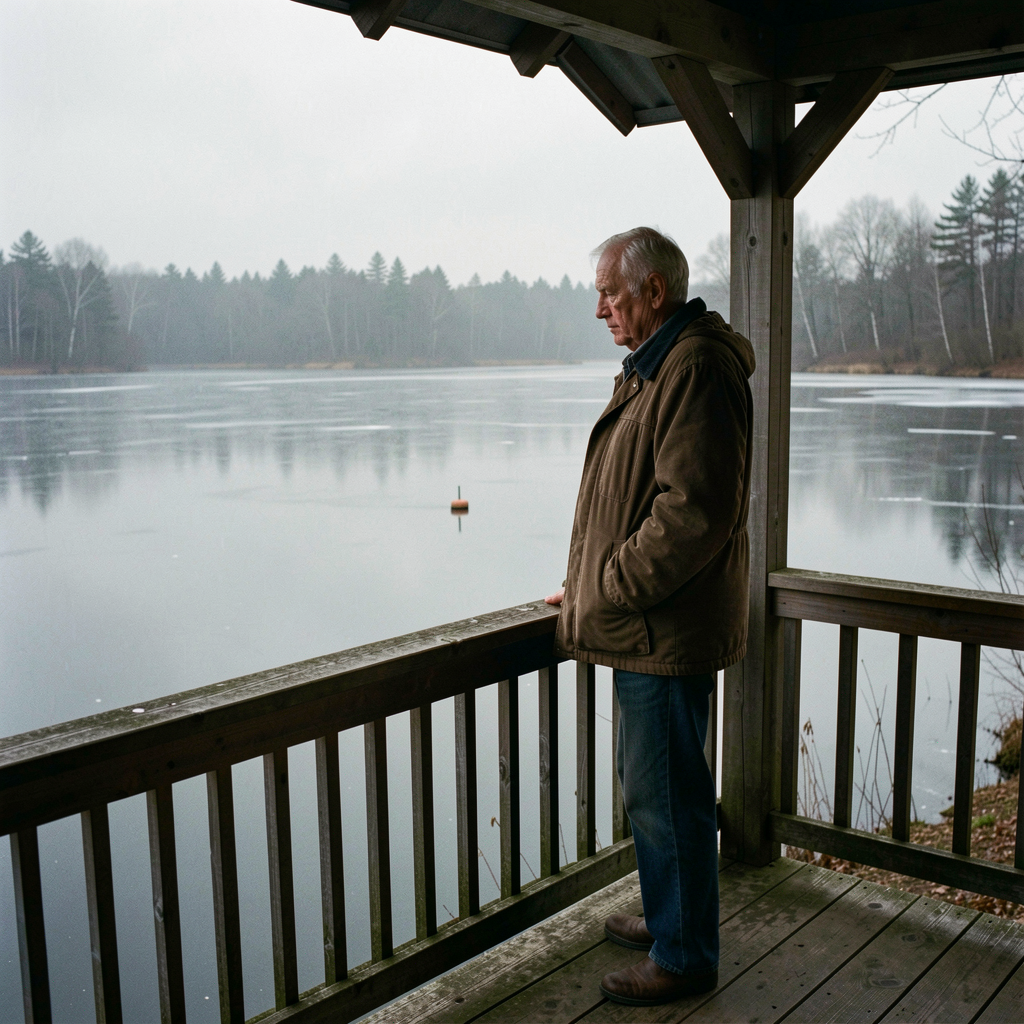 Amos Homan on his porch, studying the surface of the pond that bears his family name — a daily ritual he has observed for 34 years.